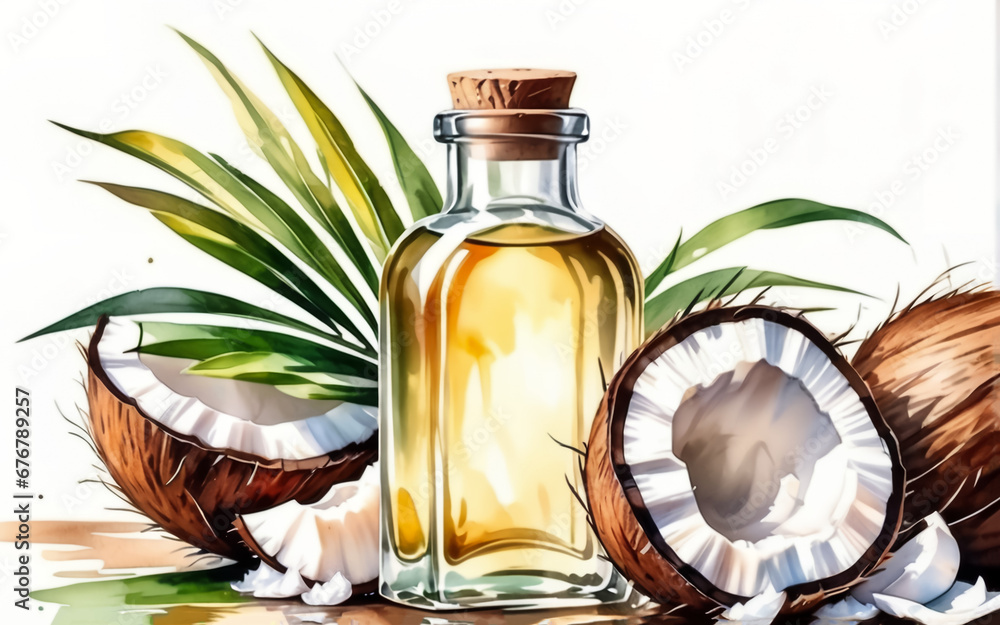 Coconut oil in a glass bottle. The product is made from coconut. Made in watercolor style. White background. AI Coconut oil in a glass bottle. The product is made from coconut. Made in watercolor style. White background. AI
