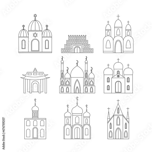 Religious buildings set line art. Vector set of different relirious temples.