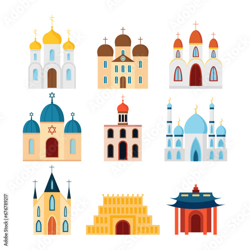 Set of religious building sflat design. Vector different religious temples catholicism, islamism, judaism, orthodox, hinduism and buddhism