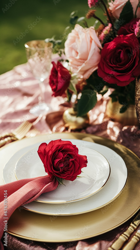 Elegant tablescape, formal dinner table setting with red roses and wine, elegant table decor for wedding, dinner party and holiday event decoration, home styling Elegant tablescape, formal dinner table setting with red roses and wine, elegant table decor for wedding, dinner party and holiday event decoration, home styling
