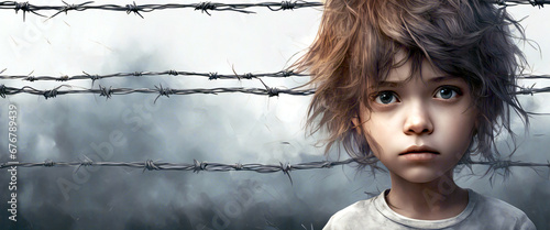 Vor Angst starr blickender Junge mit zotteligem Haar vor einem Stacheldrahtzaun. Qualm im Hintergrund.  photo