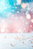 Winter blurred texture with snow and bokeh lights. Christmas background with color mixing sparkling glitter confetti.