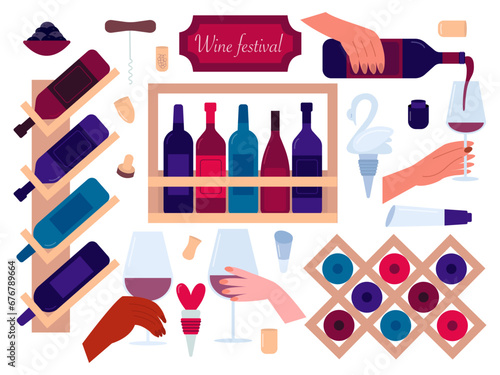 Wine festival flat style set. Vector wine tasting and winery concept set. Trendy shelf with bottles  hands with glasses.