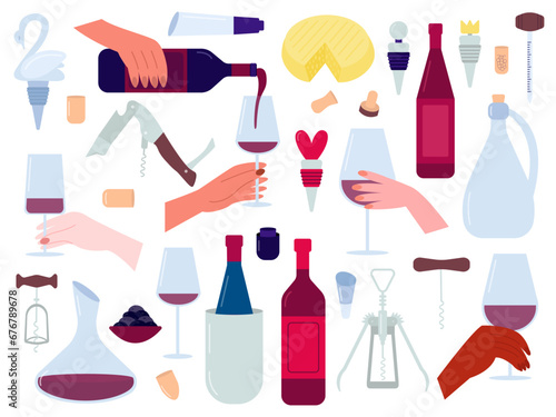 Drinking wine vector flat design set. Wine glasses, bottles, hand with glass, hand pouring wine, corkscrew. Flat style winery concept set.