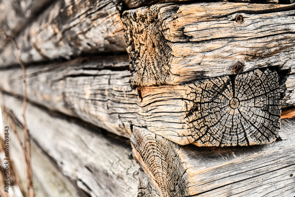 Old wooden beam. Rustic house build from hard beams . Old wooden beam. Rustic house build from hard beams .