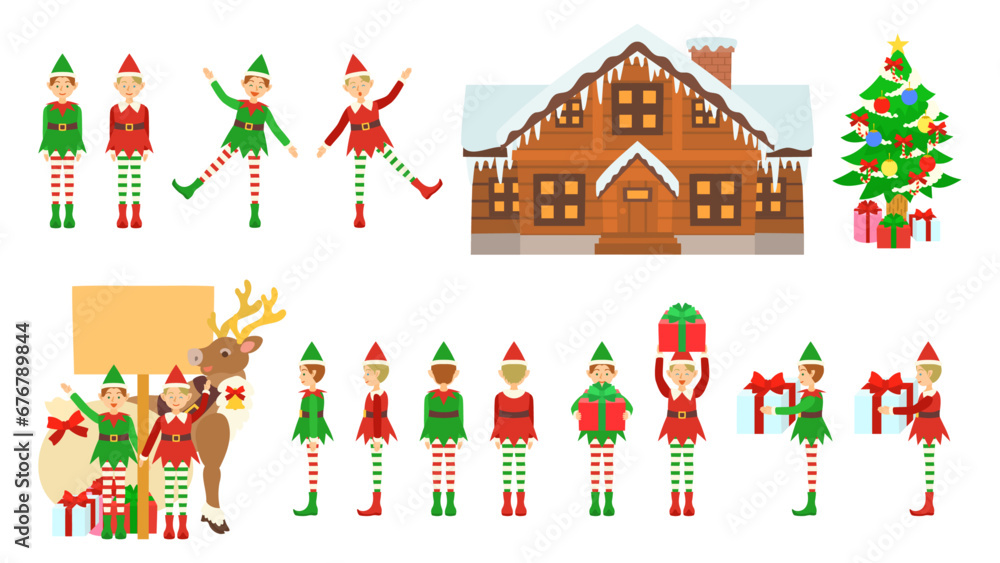 クリスマスのエルフ。様々な動作。フラットなベクターイラストセット。 Christmas elves. Various motions. Flat designed vector illustration set.