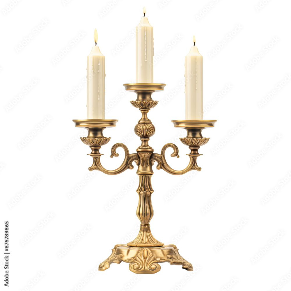 Light up candle on golden candlestick isolated on transparent background PNG Light up candle on golden candlestick isolated on transparent background PNG