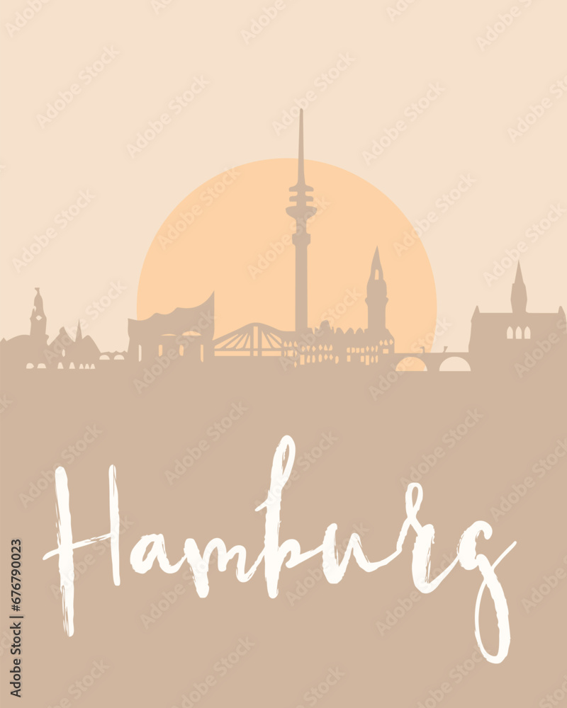 City poster of Hamburg with building silhouettes at sunset
