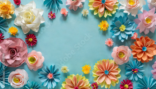 Colourful handmade paper flowers on light blue background © Giuseppe Cammino