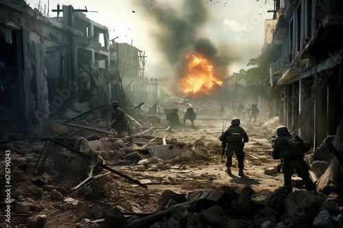 war, fighting, soldiers in the city, armed conflict with explosions and shooting