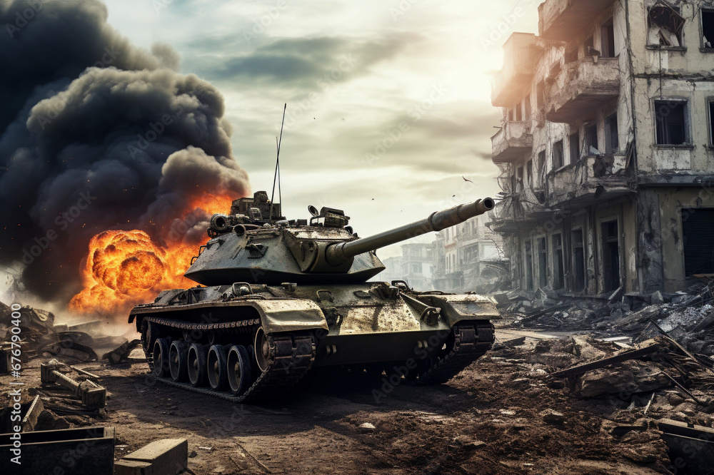 military tanks in a destroyed city, armed conflict, seizure of territories military tanks in a destroyed city, armed conflict, seizure of territories