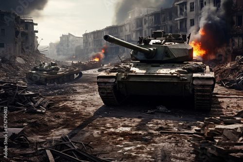 military tanks in a destroyed city, armed conflict, seizure of territories