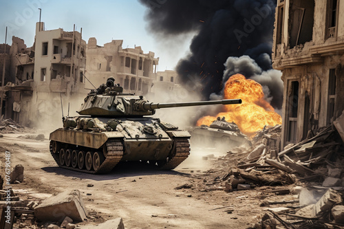 military tanks in a destroyed city, armed conflict, attack, fighting