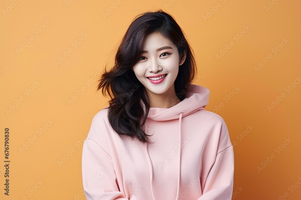 portrait of attractive Korean girl in sweater, showing promotional offer, single color background, generative ai portrait of attractive Korean girl in sweater, showing promotional offer, single color background, generative ai