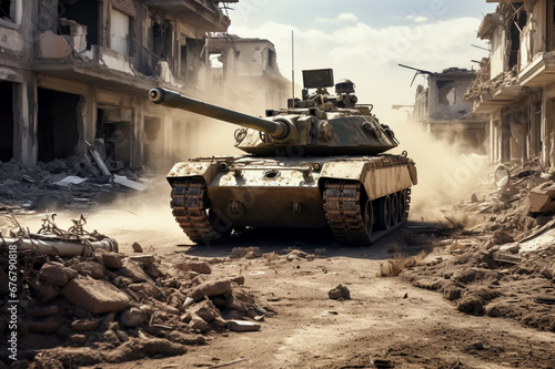 military tanks in a destroyed city, fighting, conflict, ground operation