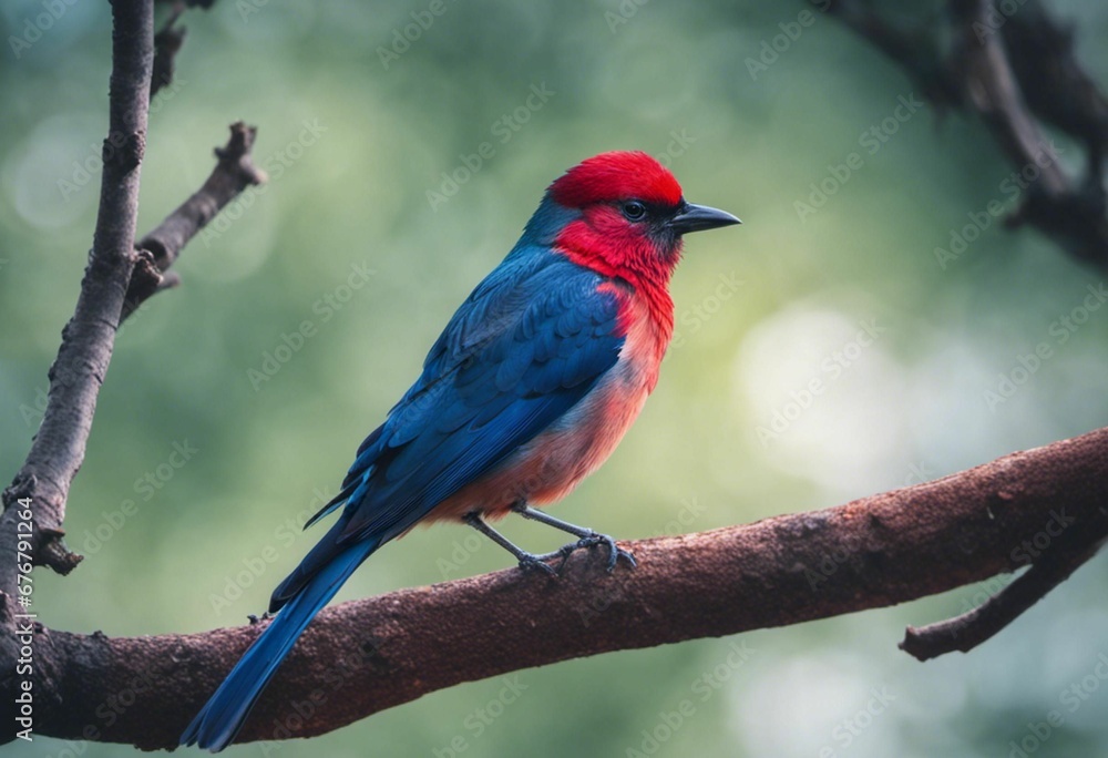An AI illustration of a small bird with red, blue and green feathers sits on a branch