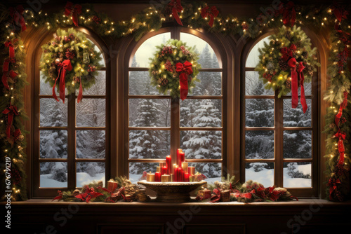 Large wooden window with Christmas decoration and window sill with decor and candles, overlooking a snowy forest