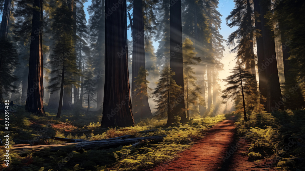 Fototapeta premium Warm sunlight coming through the tall trees of a dense forest.
