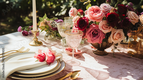 Wedding and event celebration tablescape with flowers, formal dinner table setting with roses and wine, elegant floral table decor for dinner party and holiday decoration, home styling #676791430