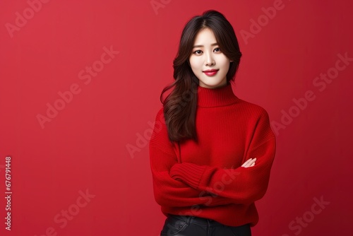 portrait of attractive Korean girl in sweater, showing promotional offer, single color background, generative ai