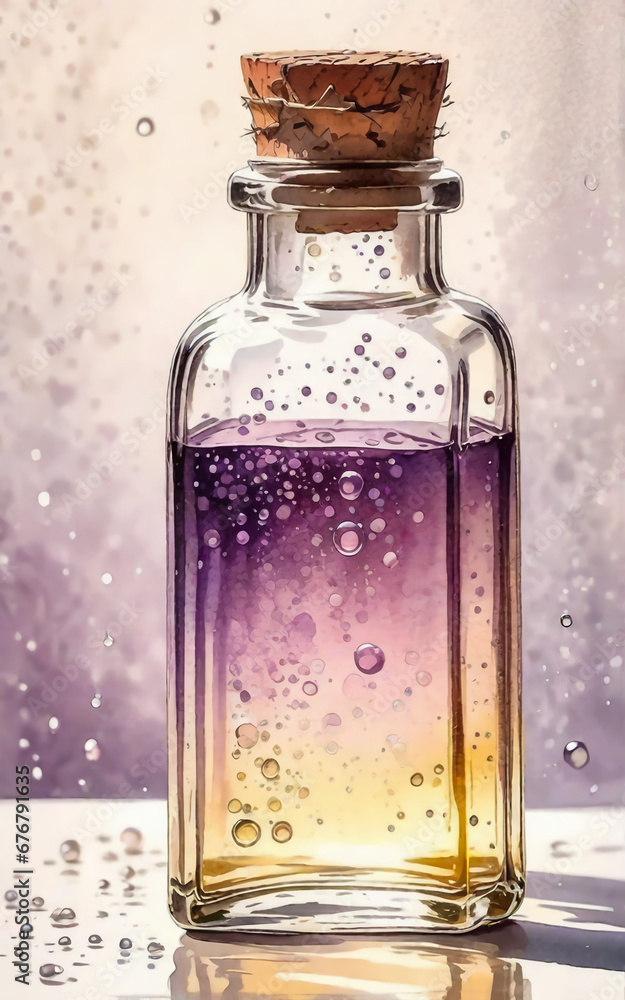 Grape seed oil in a glass bottle. The product is made from grape seeds. Made in watercolor style. White background. AI Grape seed oil in a glass bottle. The product is made from grape seeds. Made in watercolor style. White background. AI