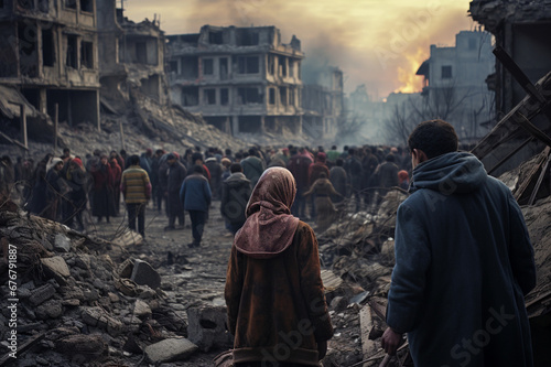 refugees against the backdrop of a destroyed city, people victims of military operations