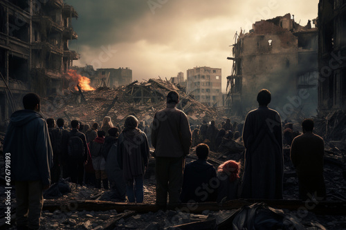 refugees against the backdrop of a destroyed city, people victims of military operations