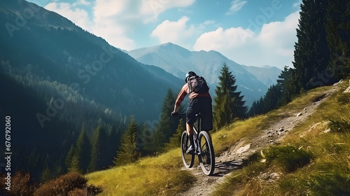 Male mountain biker cyclist riding a bicycle on a mountain bike trail nature outdoors photo