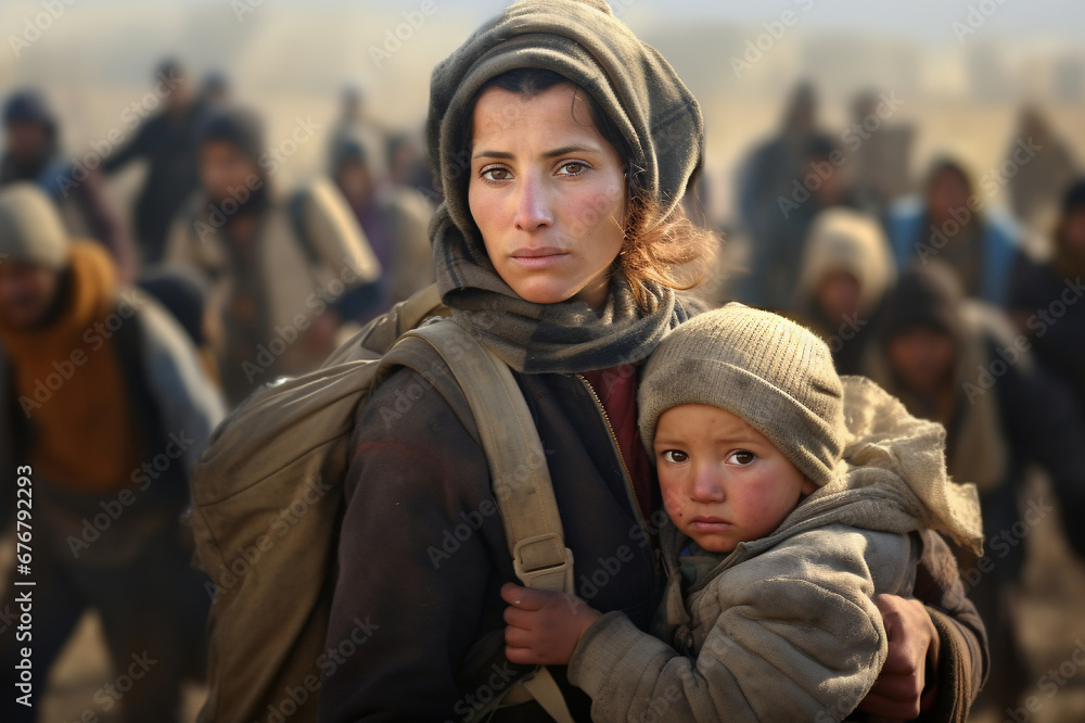 refugees at the border, a woman holding a child refugees at the border, a woman holding a child