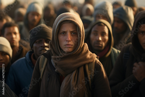 refugees, portrait of a young woman migrant, victim of military conflicts