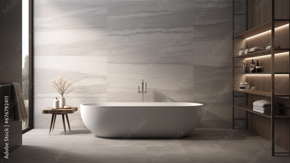 Interior with a modern bathtub in white tones with sunlight streaming in through the window. Interior with a modern bathtub in white tones with sunlight streaming in through the window.