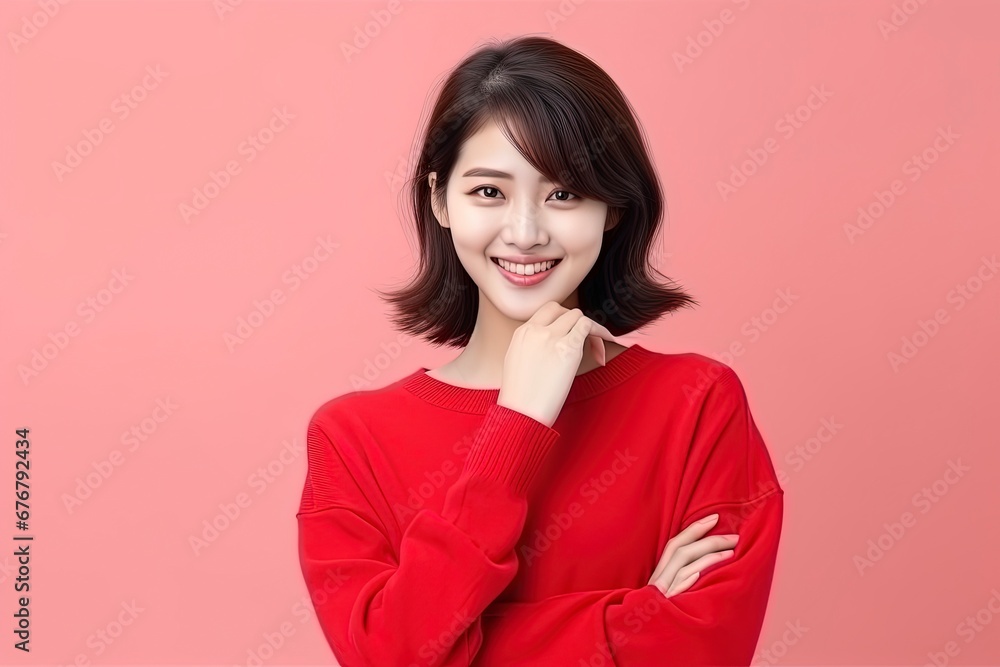 portrait of attractive Korean girl in sweater, showing promotional offer, single color background, generative ai portrait of attractive Korean girl in sweater, showing promotional offer, single color background, generative ai