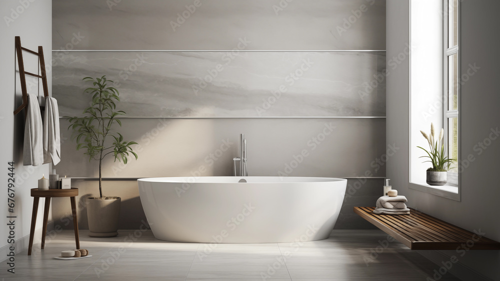 Fototapeta premium Interior with a modern bathtub in white tones with sunlight streaming in through the window.