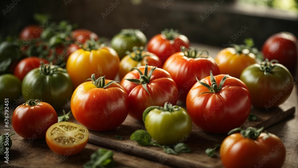 AI generated illustration of ripe cherry tomatoes on a table AI generated illustration of ripe cherry tomatoes on a table