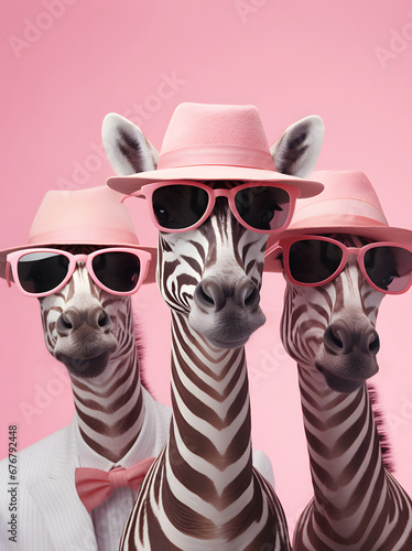 Portrait of three happy zebras wearing pink sunglasses and hats   elegant  light pink background 