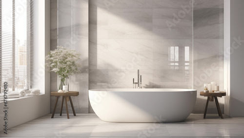 Interior with a modern bathtub in white tones with sunlight streaming in through the window. photo