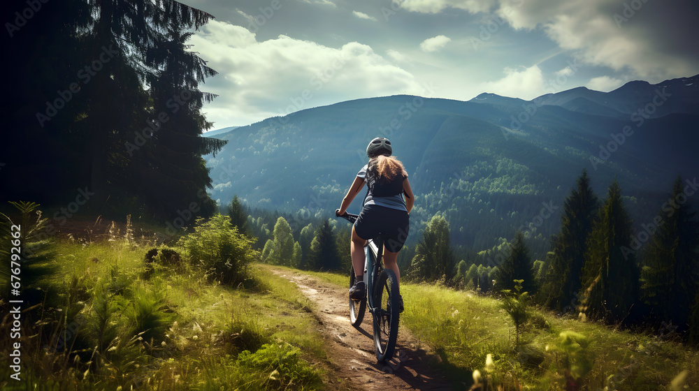 Female mountain biker cyclist riding a bicycle on a mountain bike trail nature outdoors. Female cyclist challenges herself with an adventure