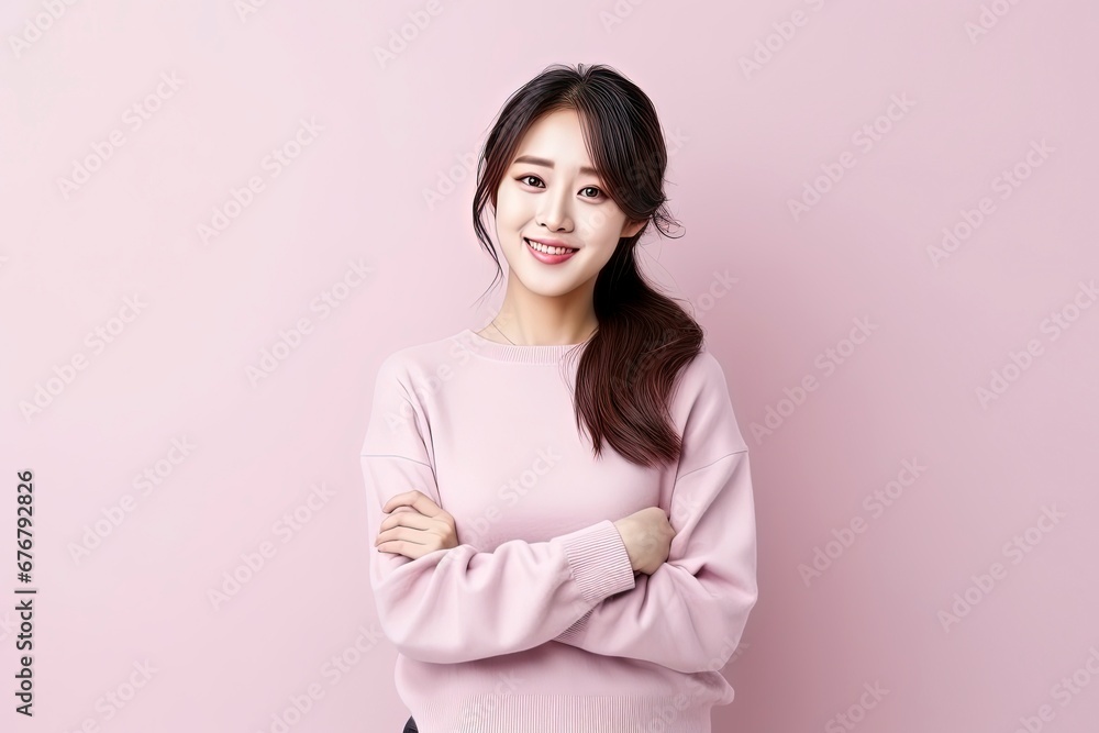 portrait of attractive Korean girl in sweater, showing promotional offer, single color background, generative ai portrait of attractive Korean girl in sweater, showing promotional offer, single color background, generative ai