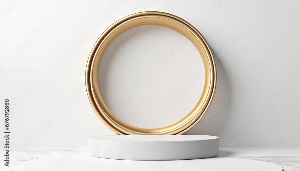 3d display podium, abstract white background with golden ring 3d display podium, abstract white background with golden ring