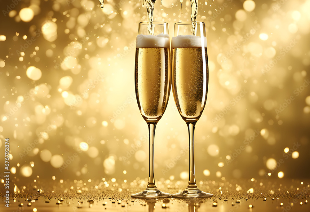 Two glasses of champagne toasting,Shining golden background Two glasses of champagne toasting,Shining golden background