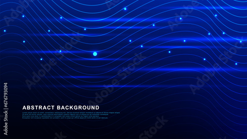 Abstract moving lines with glowing particles for digital lighting, internet speed connection technology concept background.