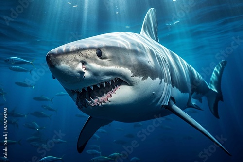 AI generated illustration of a great white shark swims through the tranquil waters of the ocean
