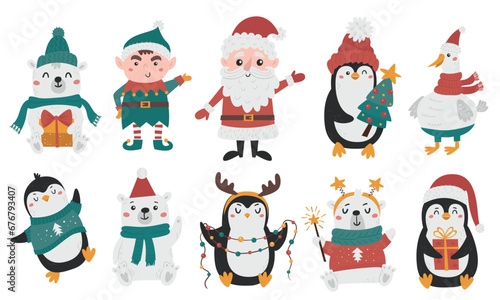 Vector set of cute Christmas penguins, bears, elf and santa claus.