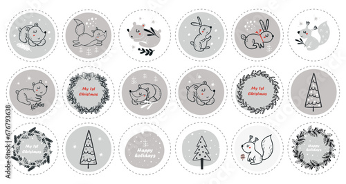Large collection of round labels with Christmas animals.