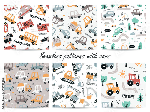 Set of seamless patterns with cute cars