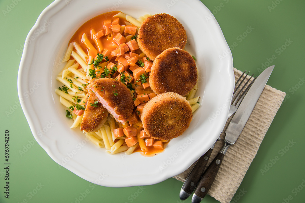 Jägerschnitzel nach DDR GDR Rezept mit Jagdwurst paniert, Makkaroni ...