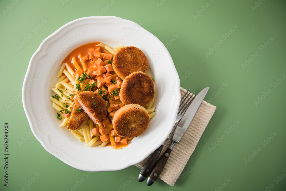Jägerschnitzel nach DDR GDR Rezept mit Jagdwurst paniert, Makkaroni ...