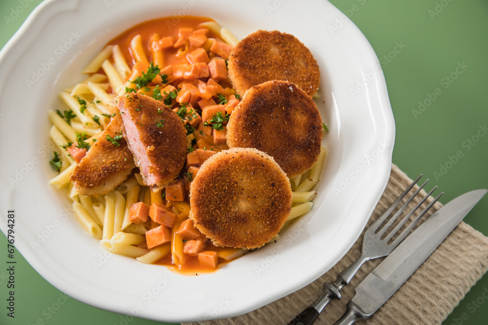 Jägerschnitzel nach DDR GDR Rezept mit Jagdwurst paniert, Makkaroni ...