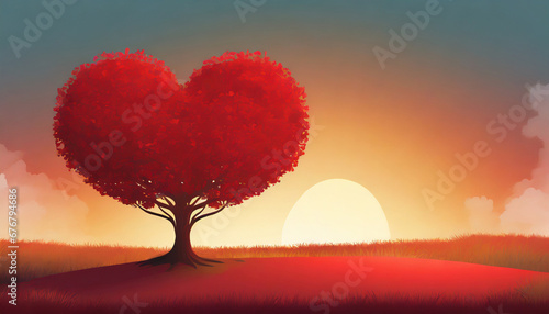  Red heart shaped tree at sunset