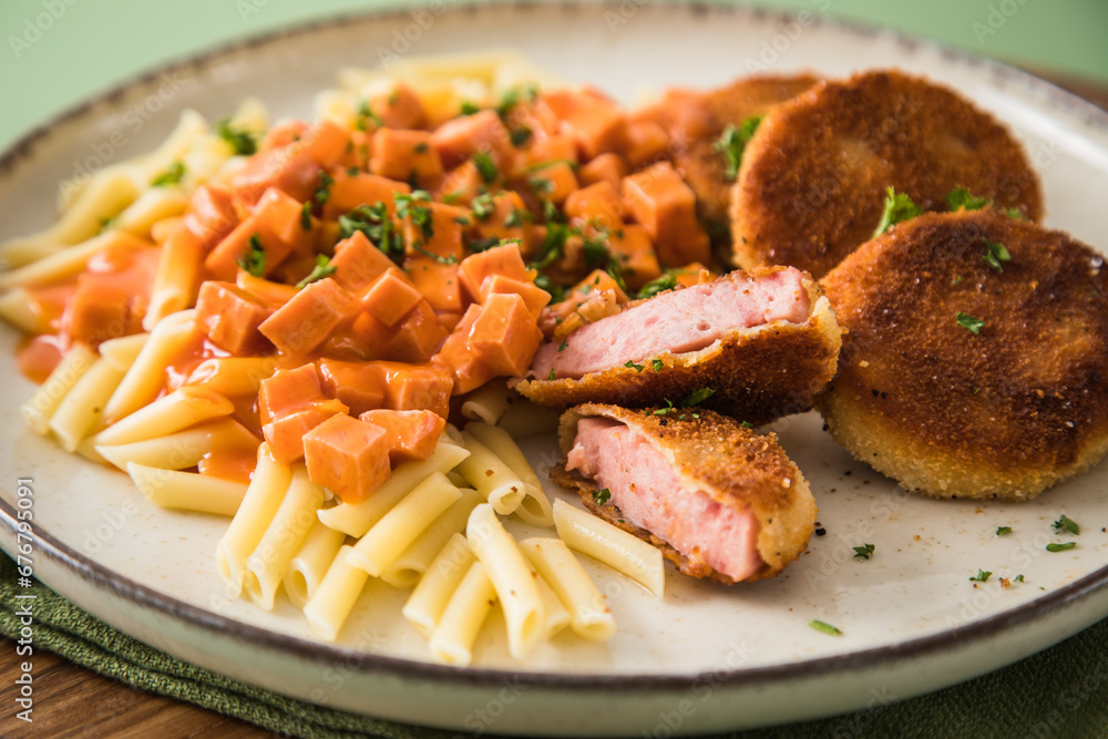 Jägerschnitzel nach DDR GDR Rezept mit Jagdwurst paniert, Makkaroni ... Jägerschnitzel nach DDR GDR Rezept mit Jagdwurst paniert, Makkaroni ...
